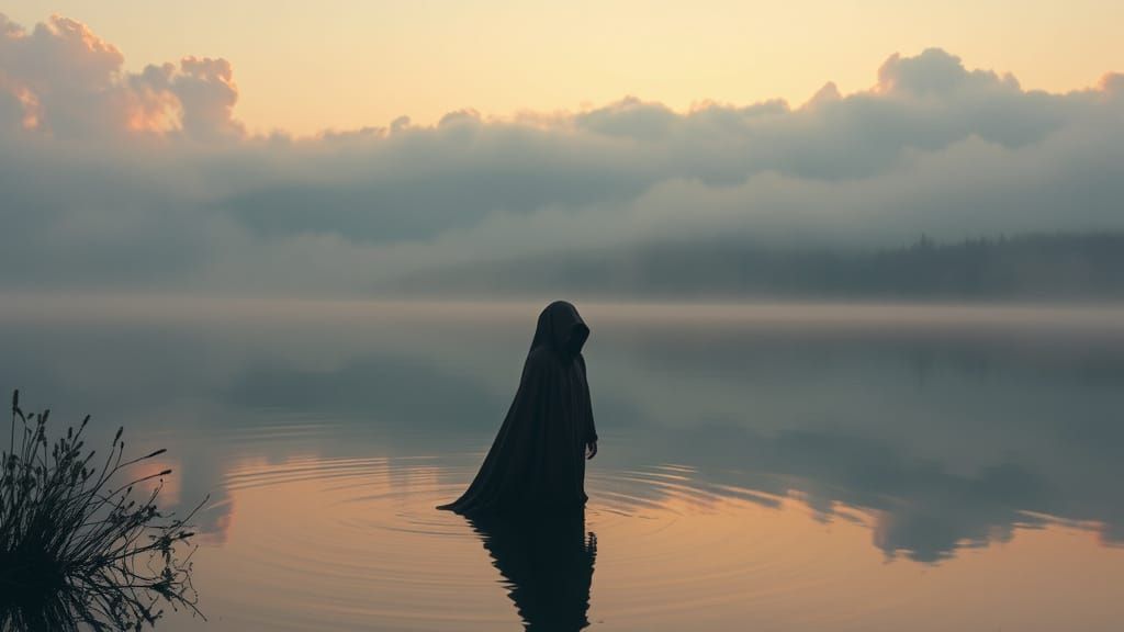 Ethereal Woman Emerges from Misty Lake