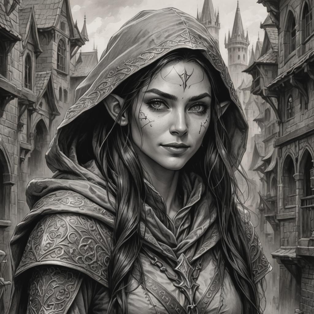 Elven Rogue Charcoal Portrait in Ornate Detail