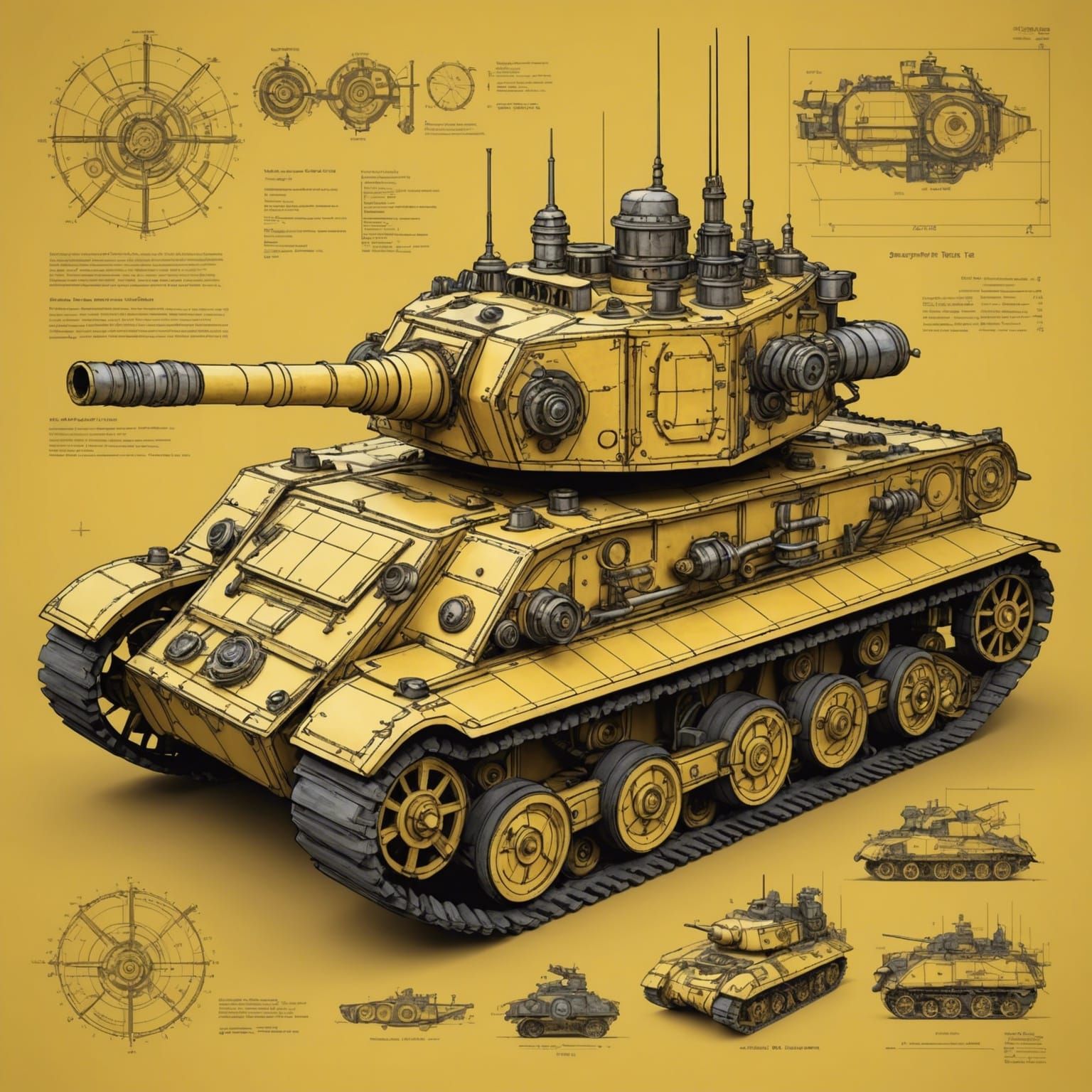 Steampunk Tank Schematic in Technical Drawing Style