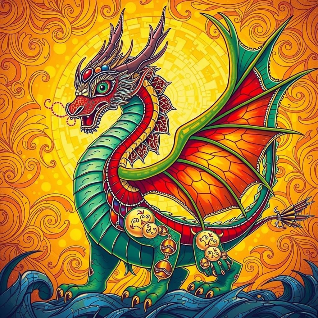 Majestic Emerald-Eyed Dragon in Art Nouveau Style