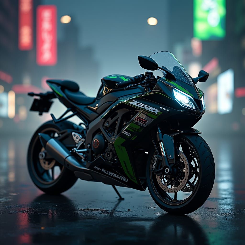 Sleek Futuristic Motorcycle and Horse in Neon Cityscape