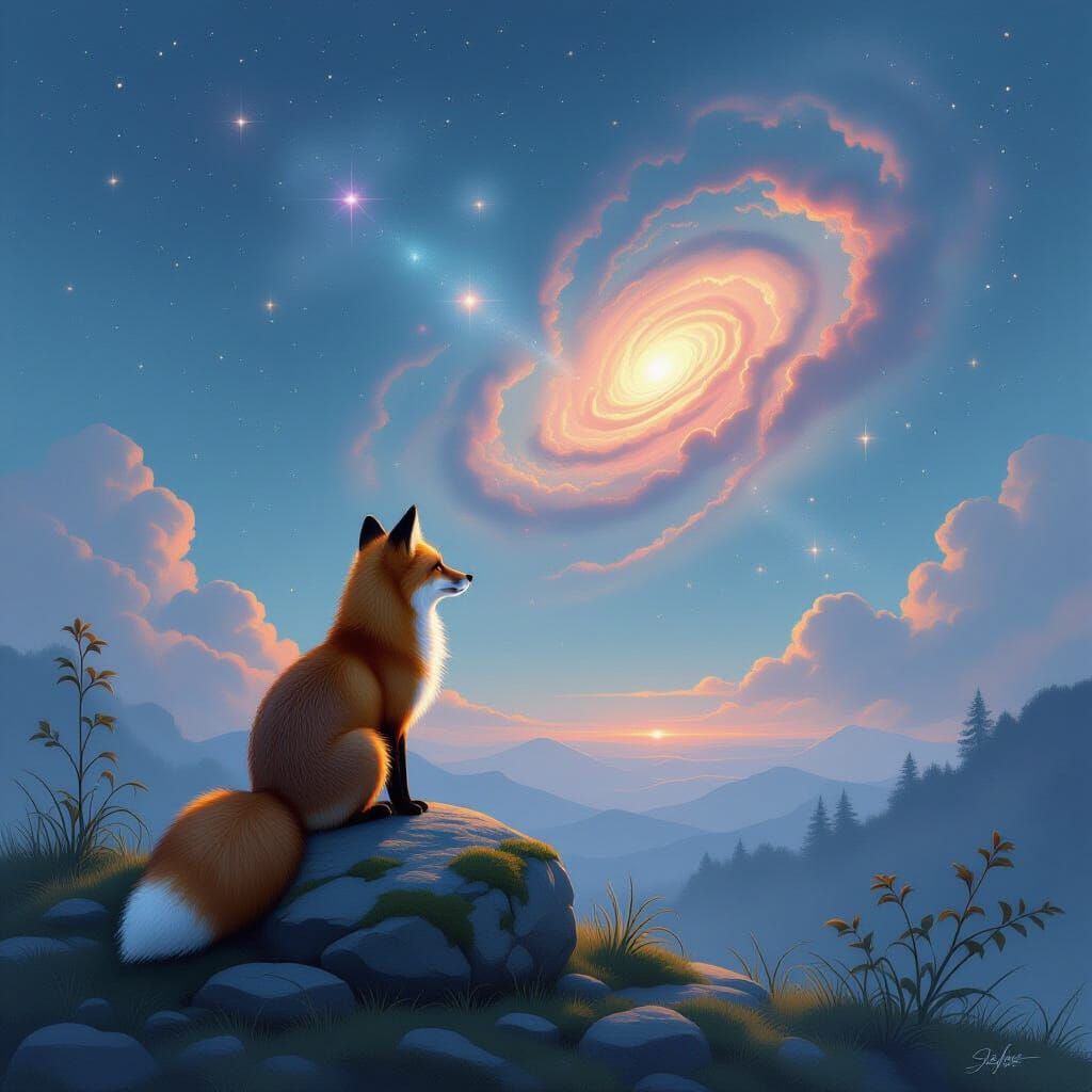 Solitary Fox Gazes at Nebula in Rococo Pastel Style