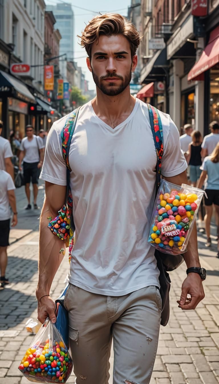 Muscular Man Walking in Town, Hyperrealistic Splash Art