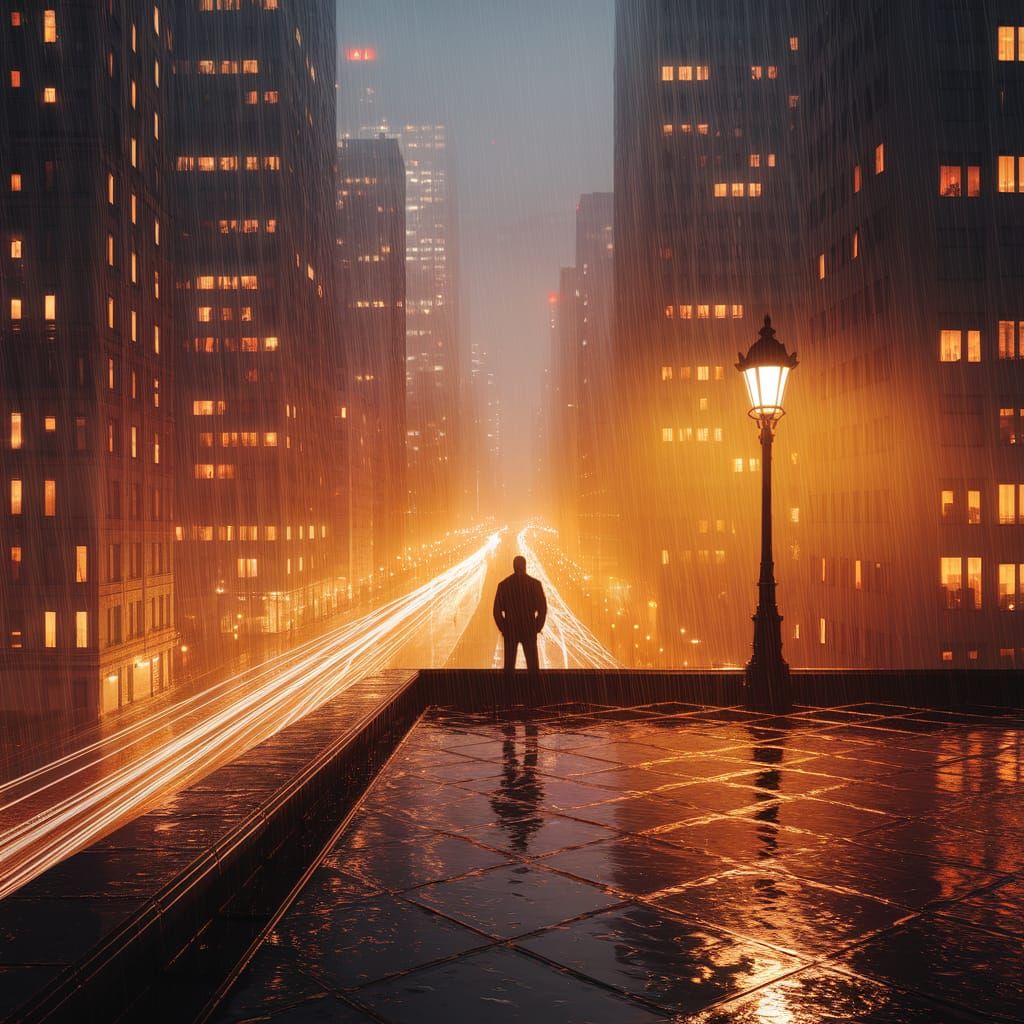 Rainy City Rooftop at Night: A Solitary Figure