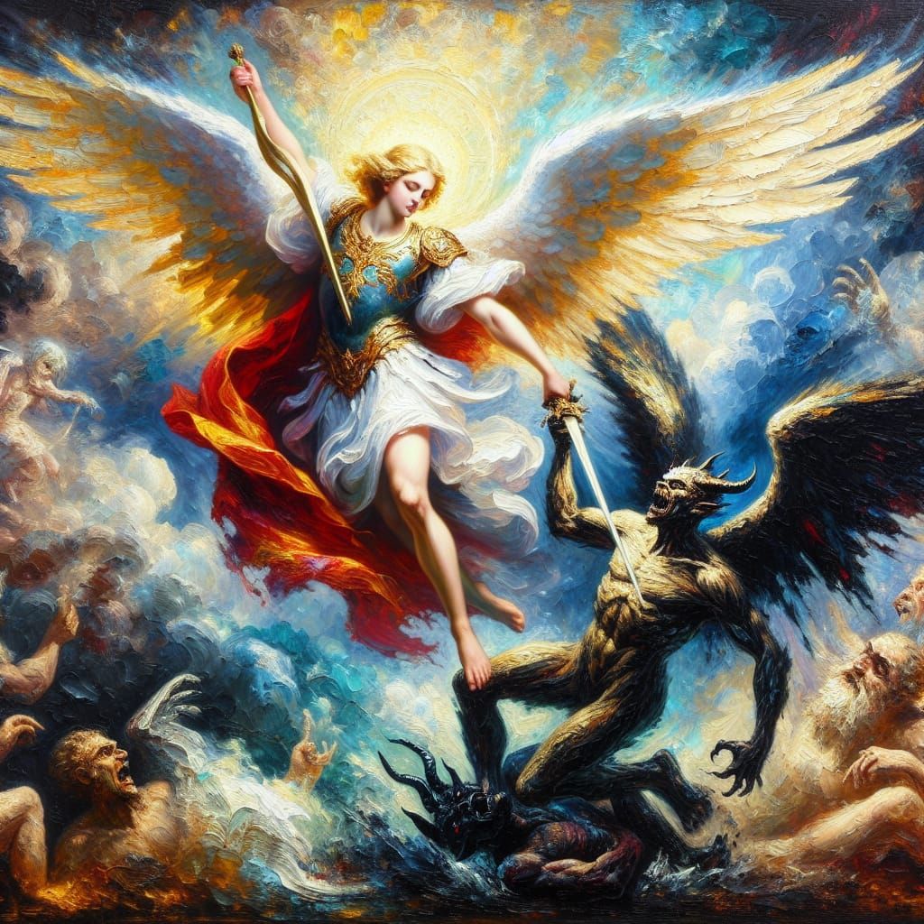 "Create a dramatic scene of Archangel Michael vanquishing an...