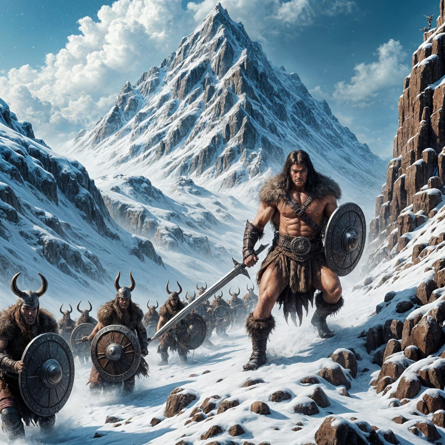 Conan Battles Vikings: Comic Book Art on Snowy Mountain