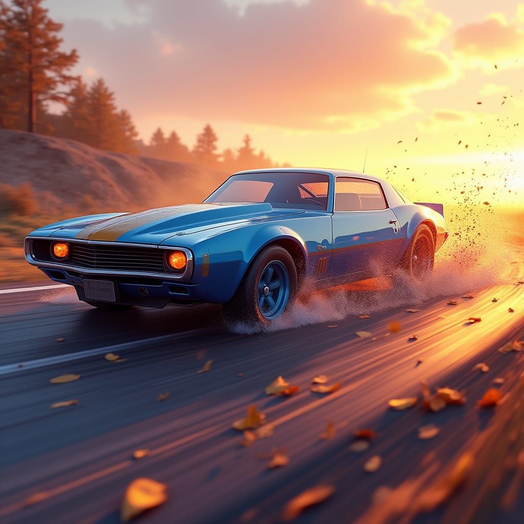 Electric Blue American Muscle Car Powerslides on Racetrack