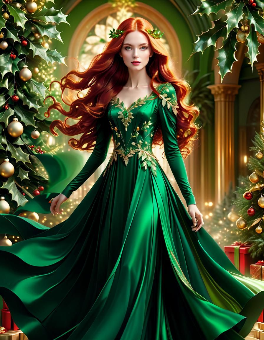 Elegant Christmas Goddess in Emerald Splendor