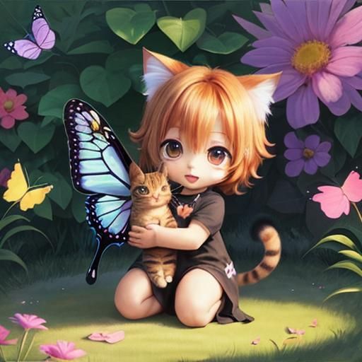 Chibi Cat Plays with Butterfly in Sunlight