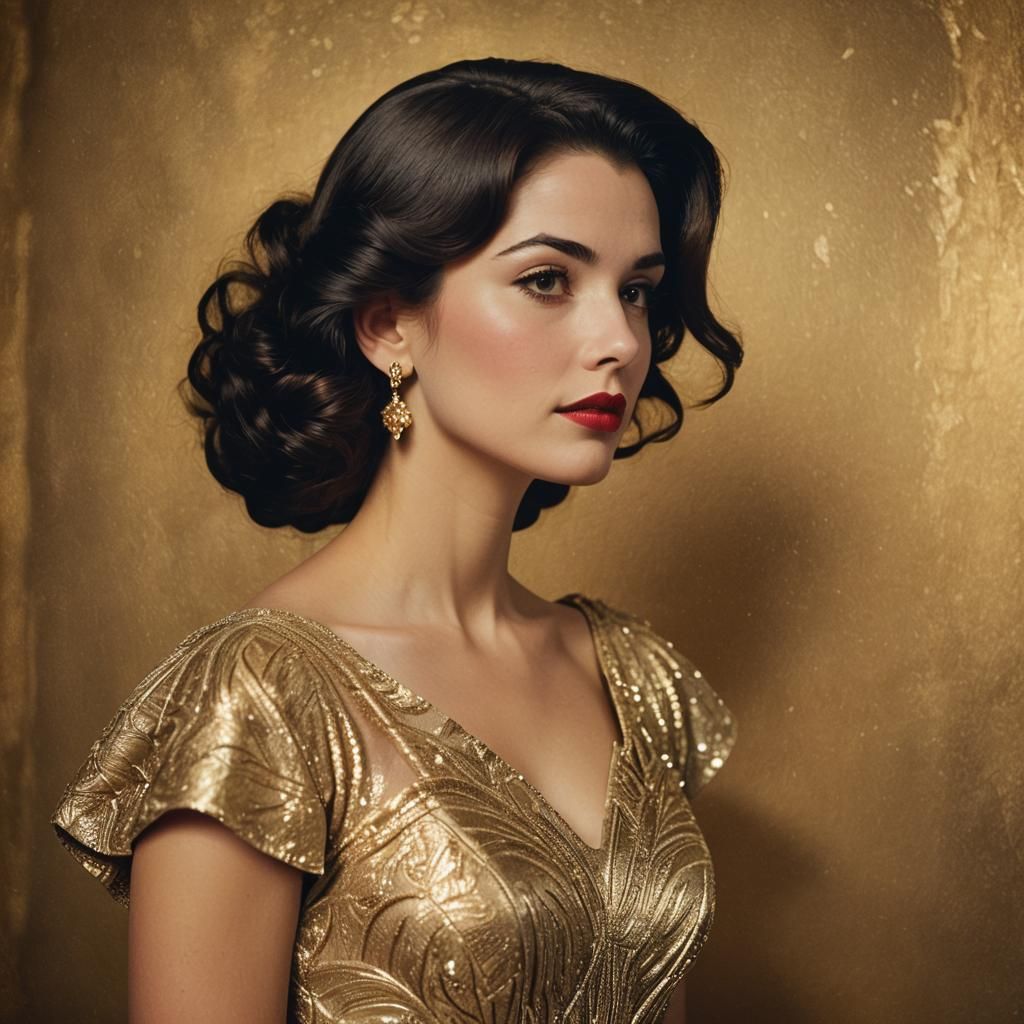 Elegant 1950s Brunette Portrait with Golden Backdrop