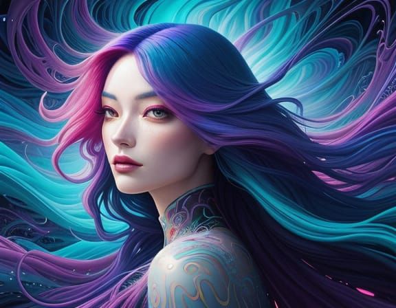 Surreal Woman with Vibrant Hair in Dreamlike Landscape
