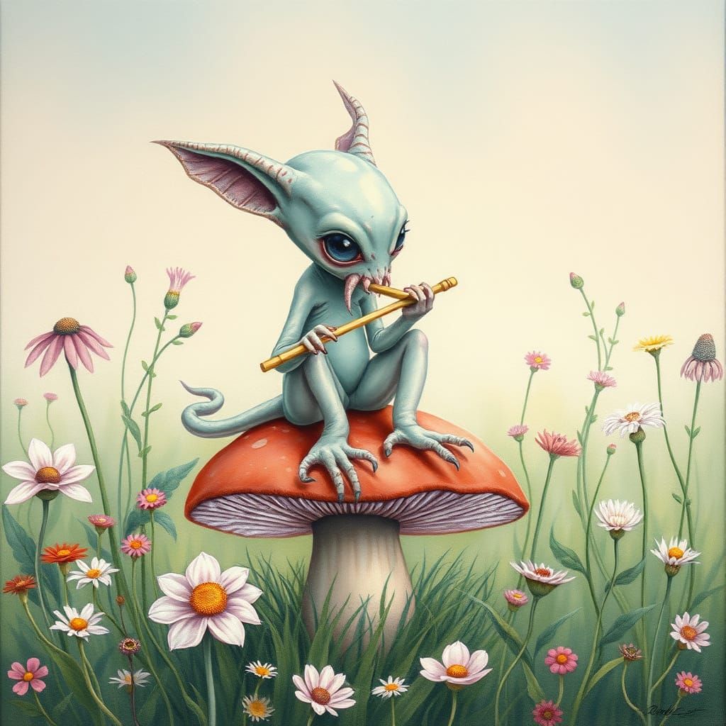 Pastel Lovecraftian Horror Plays Flute, Gouache Style