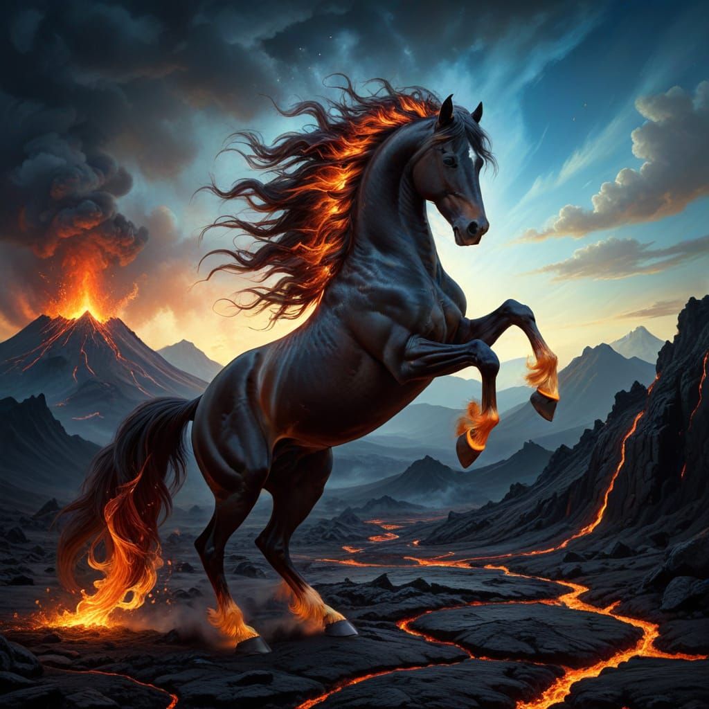 Fiery Horse in Volcanic Landscape, Baroque Oil Painting