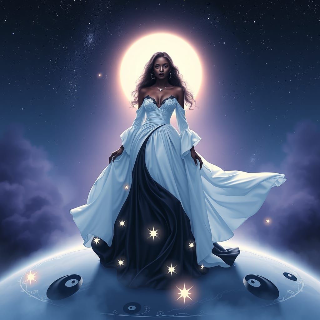 Dark Skinned Goddess in Celestial Gown Amidst Starry Night S...