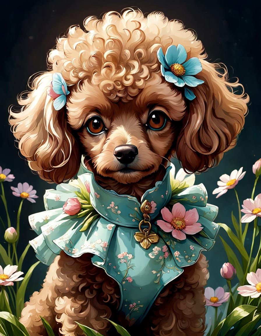 Cute Light Brown Poodle in Floral Spring Outfit