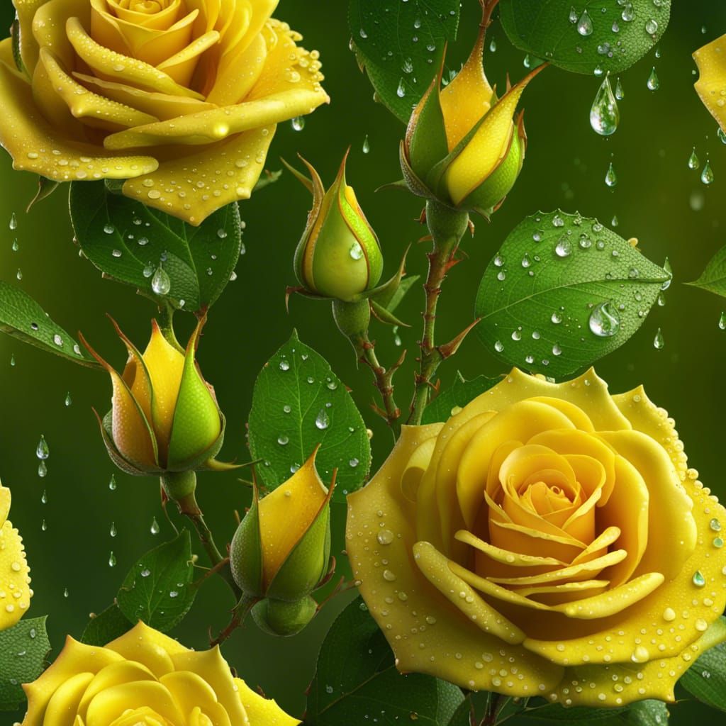 Sparkling Dew on Macro Yellow-Green Tea Roses
