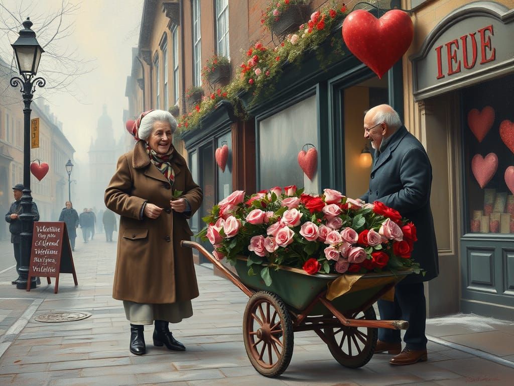 Laughter in Winter: Elderly Couple Selling Roses in Whimsica...