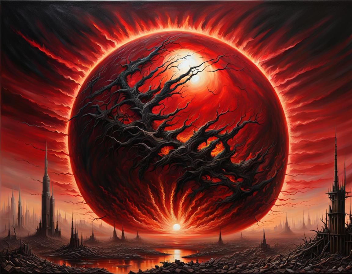 Apocalyptic Red Sun Over Destroyed Earth: Oil Painting