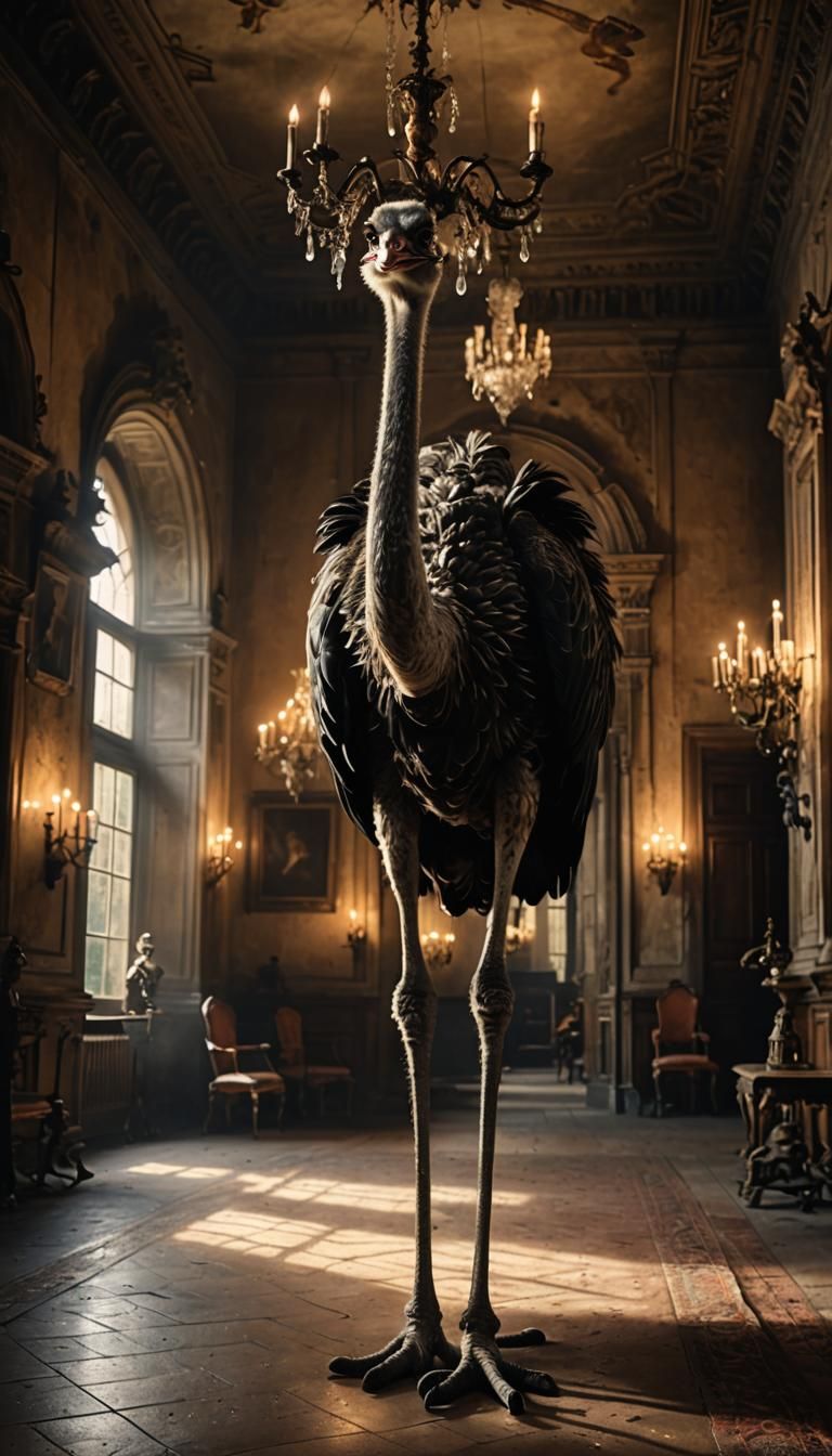 Oversized Ostrich in Dimly Lit Manor Hall