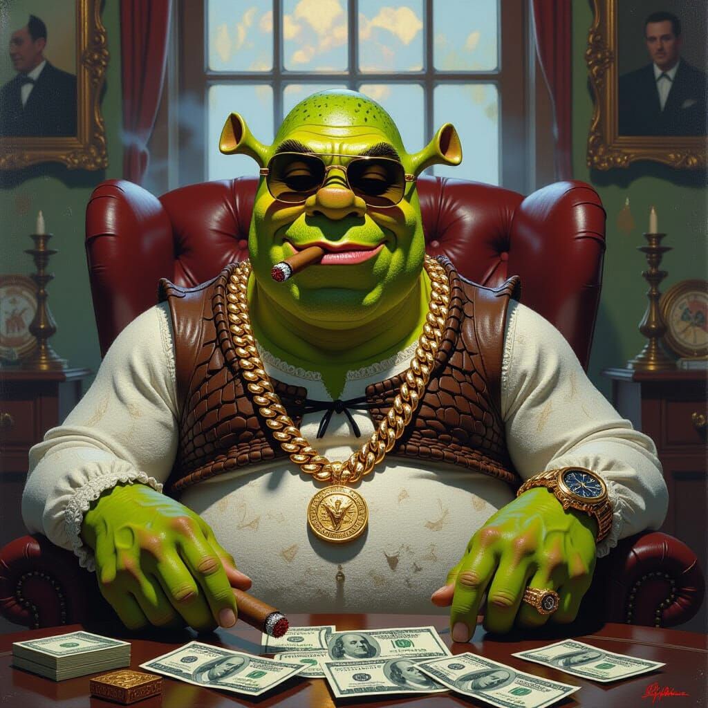 Hyperrealistic Shrek as Mafia Boss Portrait