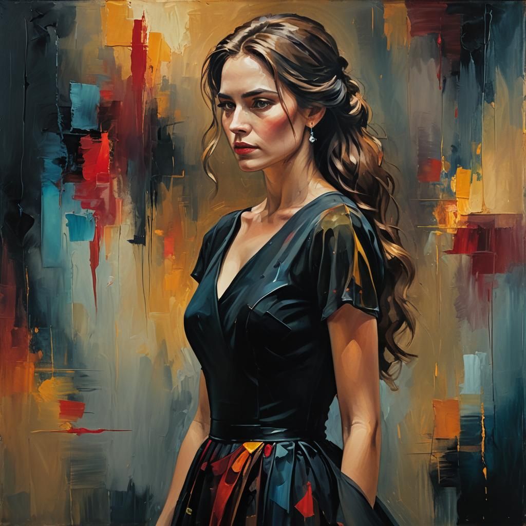 Woman in Black Dress: Oil Painting with Triadic Colors