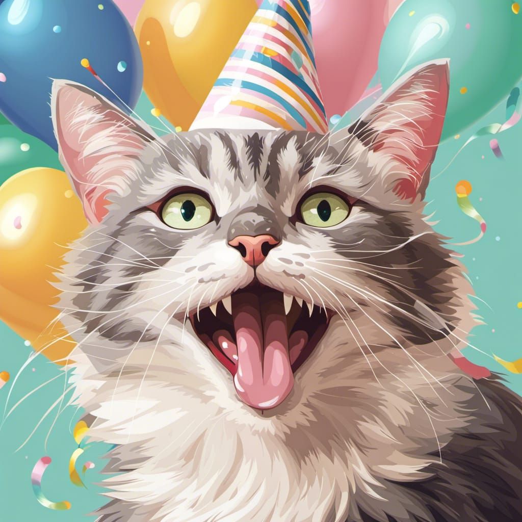 Happy Cartoon Cat Celebrates Birthday in Anime Style