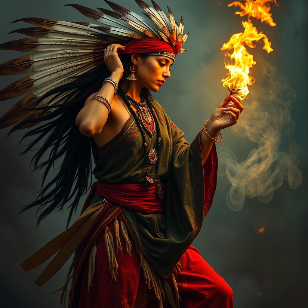 Shamanic Woman Dancing by Fire, Cezanne Style