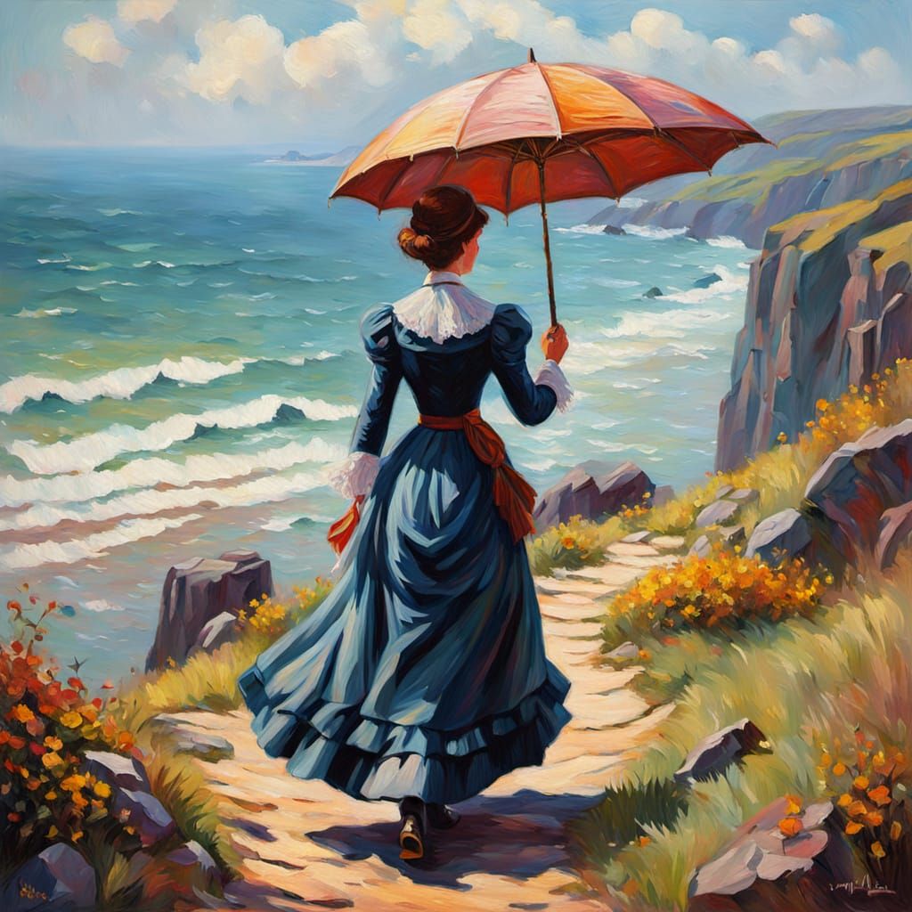 Impressionist Woman with Parasol on Cliffside