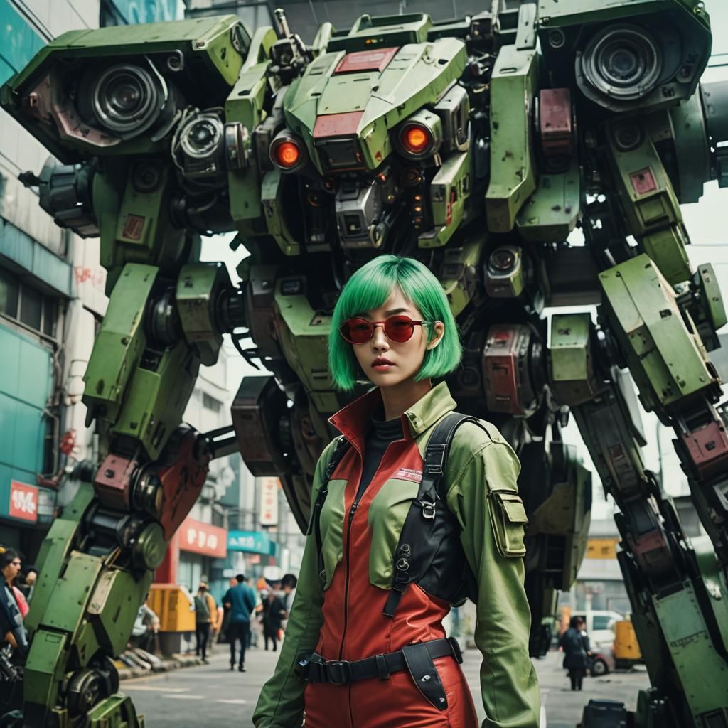 Cyberpunk Girl and Giant Mech in Red Suit