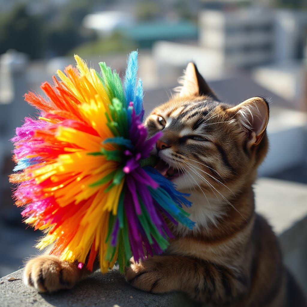 Cheeky Cat With Rainbow Pompom, Professional Photography
