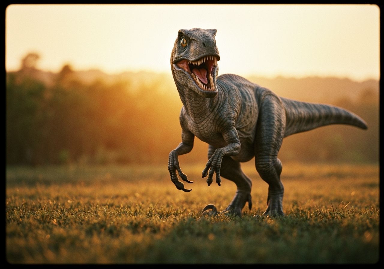 Velociraptor Stalks Prey in Jungle: Cinematic Film Still