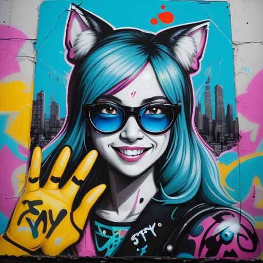 Playful Chibi Cyborg in Graffiti Cityscape, 3D Render