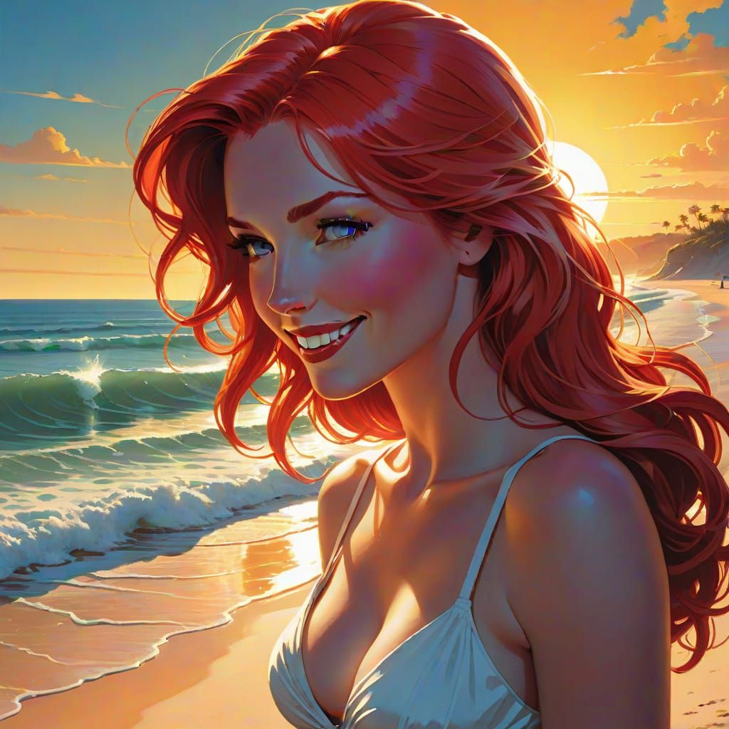 Radiant Woman Sips Coffee on Florida Beach