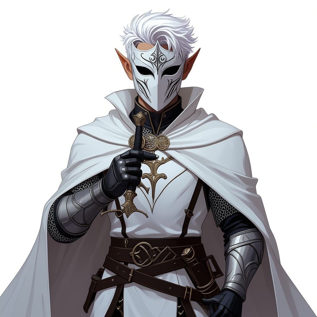 Elf Paladin in White Armor with Rapier and Mask
