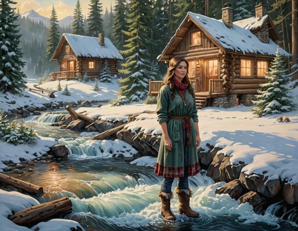 Winter Cabin Scene with Woman in Digital Painting Style