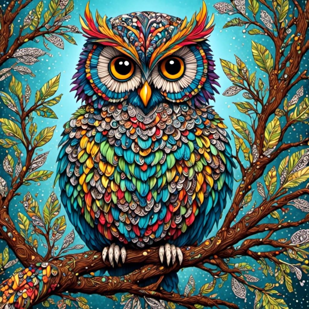 Rainbow Feathered Zentangle Owl on Branch