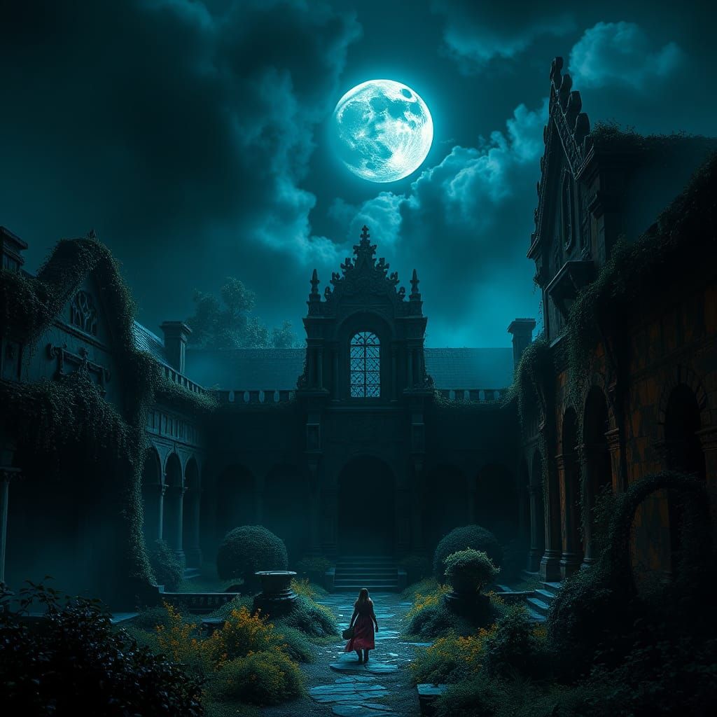 Eerie Black Moon Over Abandoned Monastery in Matte Painting ...