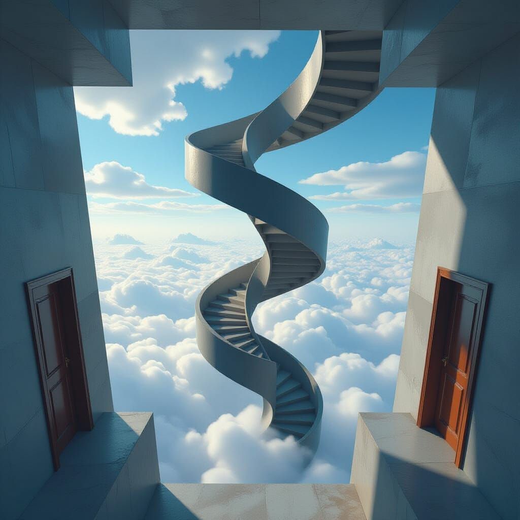 Surreal Staircase Disappearing Into Clouds