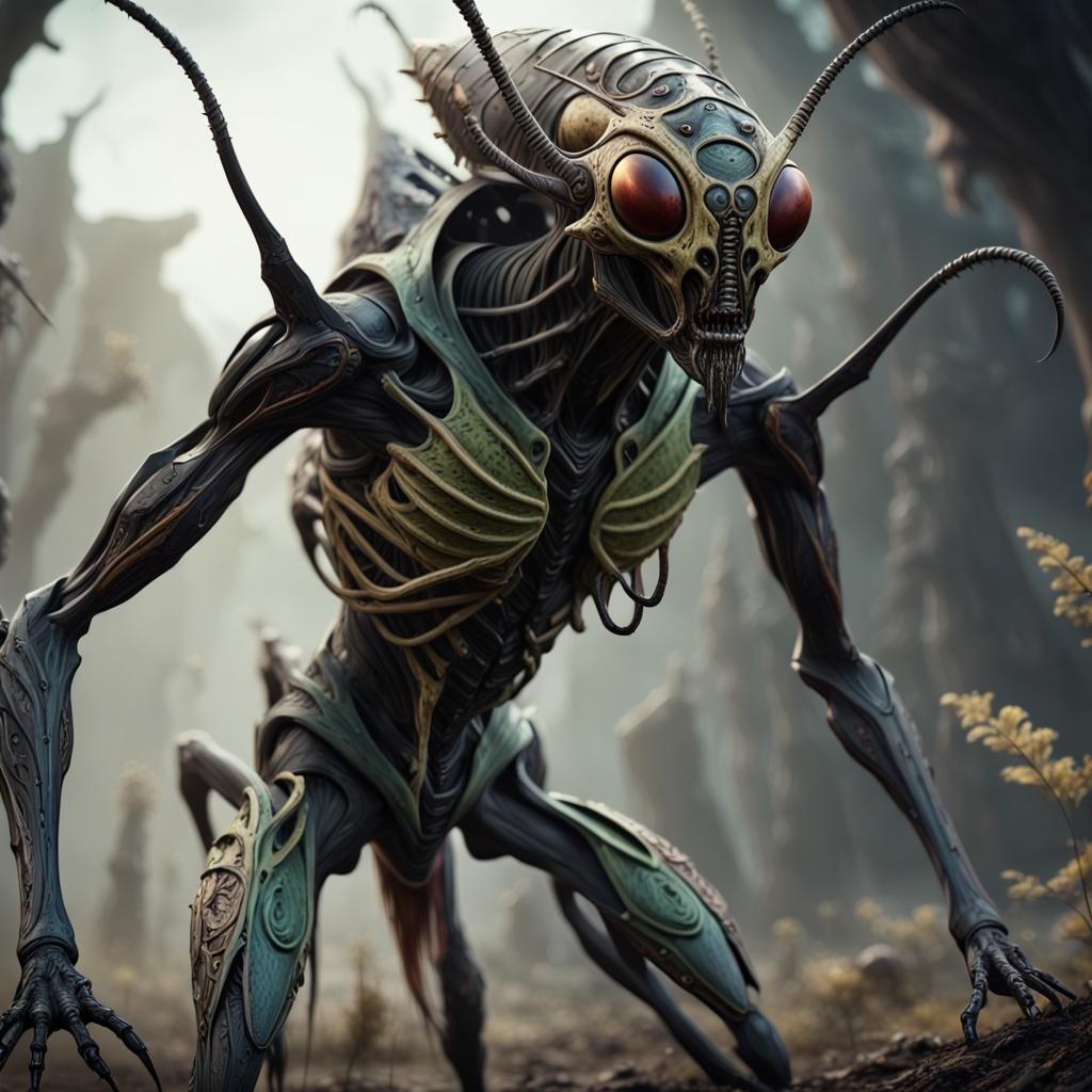 Detailed Black Humanoid Locust Alien Creature