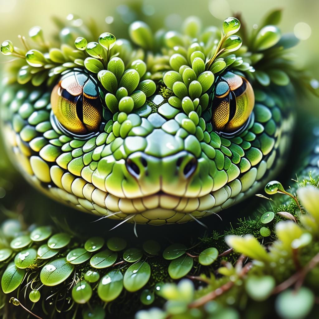 Moss Scaled Snake in Lush Greenery, Wildlife Illustration