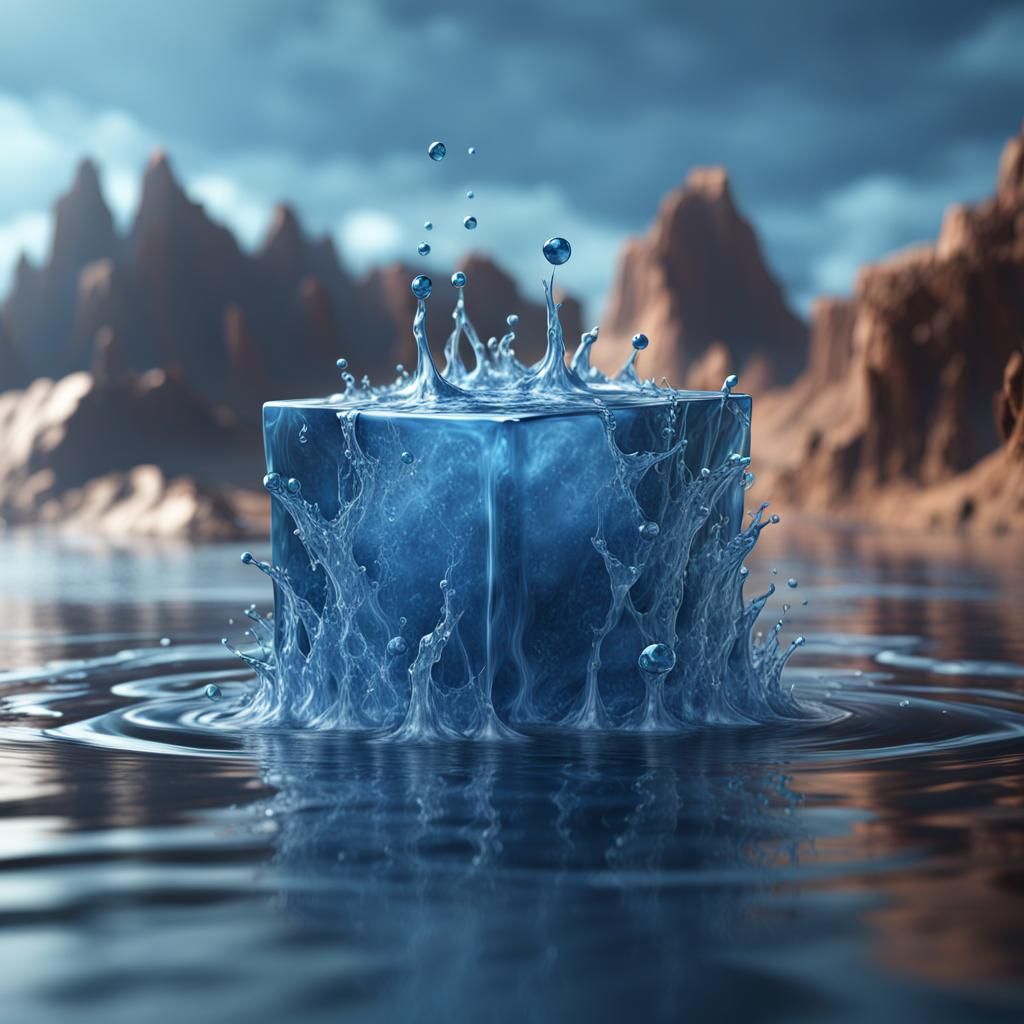 Blue Water Cube with Spikes: Digital Art