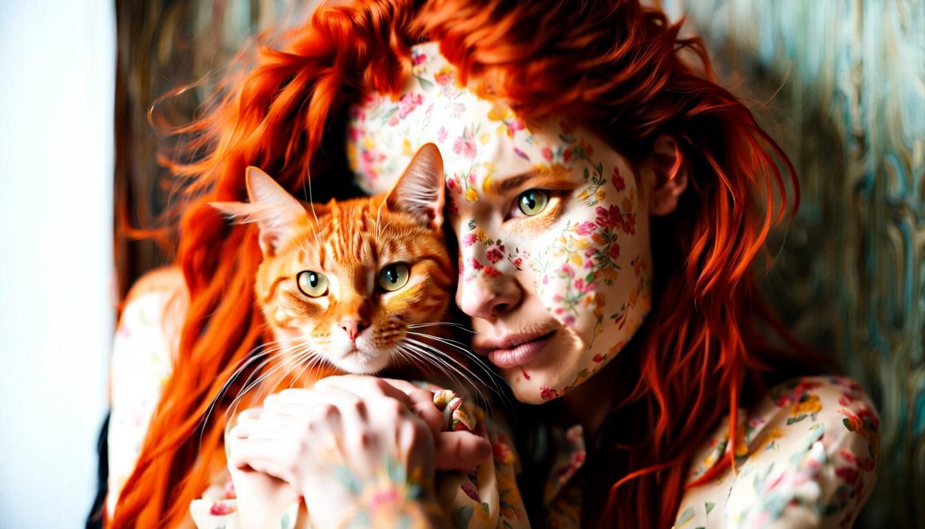Surreal Ginger Cat Woman Portrait