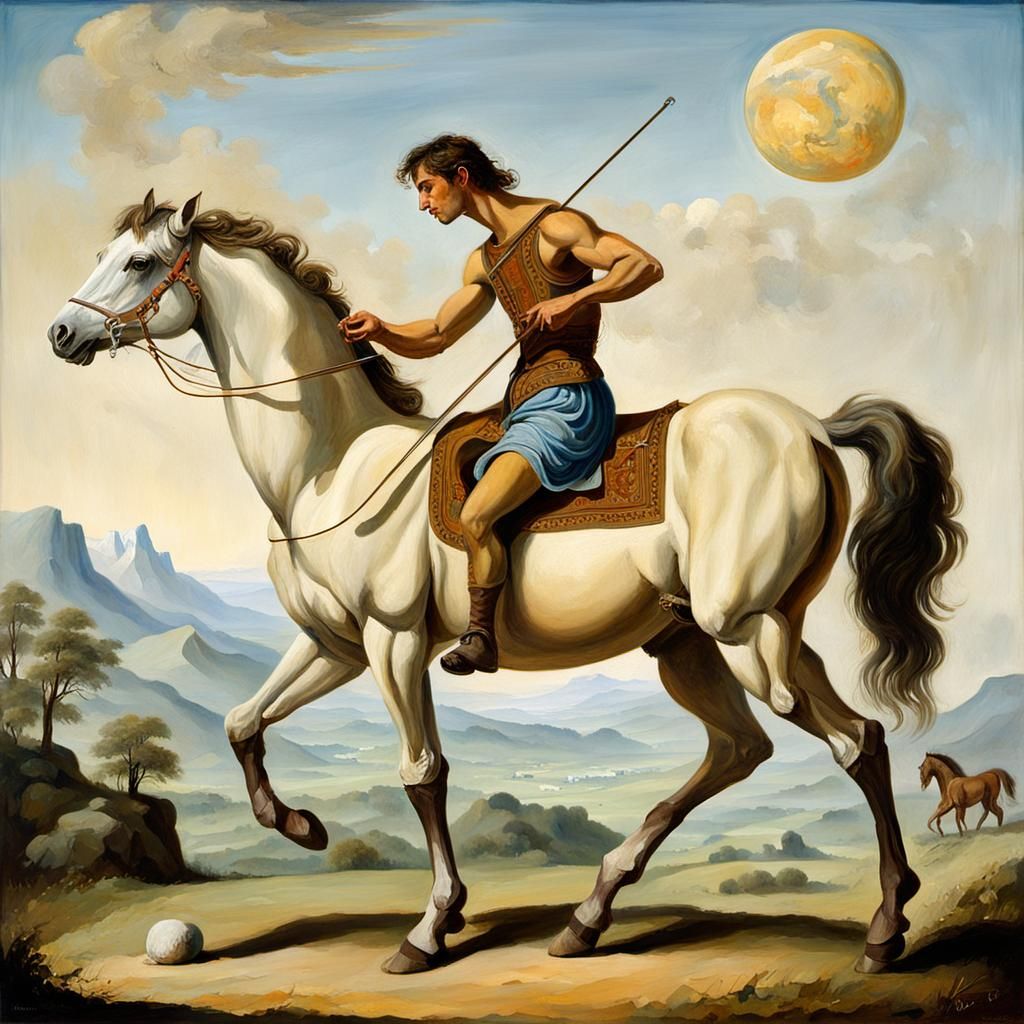Full lenght painting of a Centaur a hybrid with male human head and body of a horse, playing the Fiddle, Background the ...