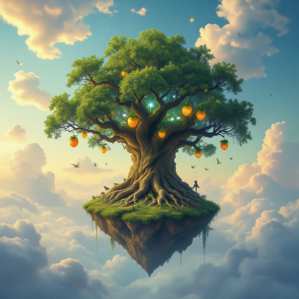 Ancient Floating Tree Island in Bioluminescent Sky