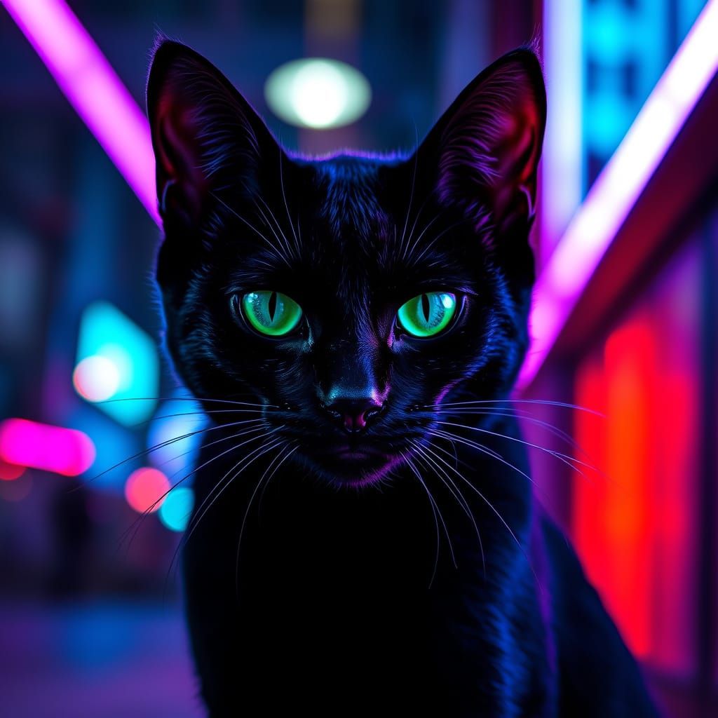 Sleek Black Cat in Neon LED Lights