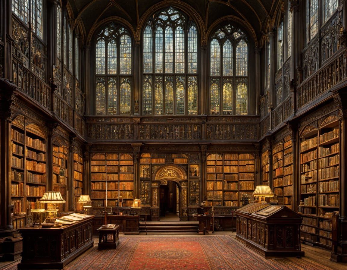 Ancient Monastery Library Transformed by Ethereal Evening Li...