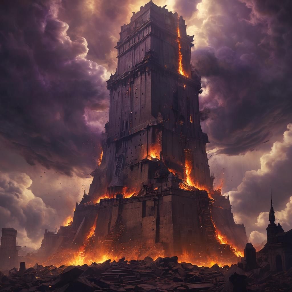 Tower of Babel Burning: Dark Fantasy Concept Art