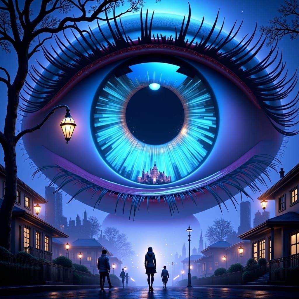 Surreal Eye Reflecting City in Alien Forest