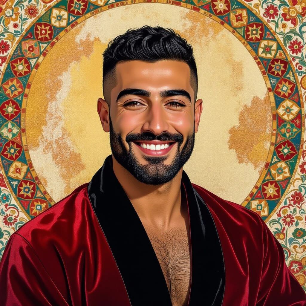 Smiling Man in Red Velvet Robe as Impasto Oil Painting