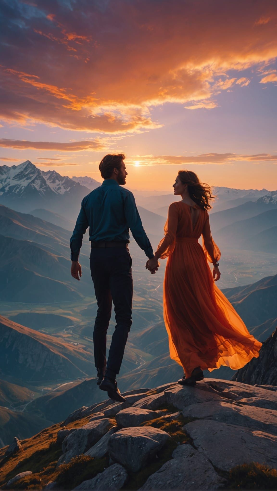 Figures Freefall Through Glowing Mountain Landscape